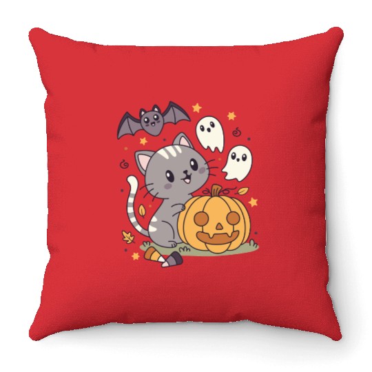 Halloween Kawaii Cat Bat Pumpkin Throw Pillows