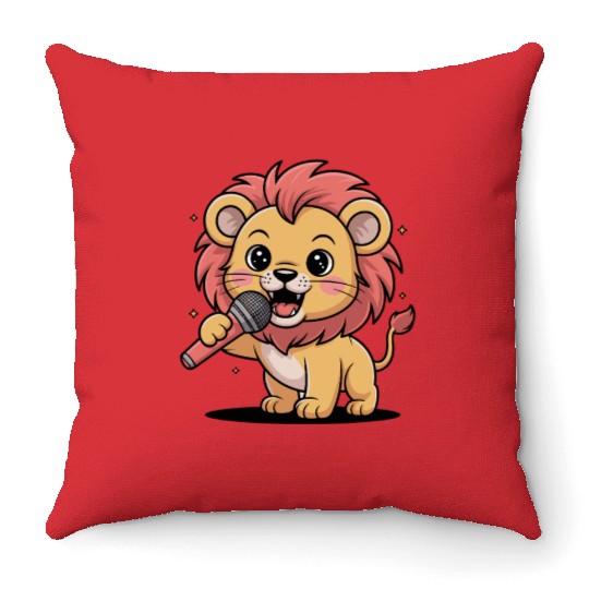 Lion Singing with Microphone Cute Cartoon for Throw Pillows