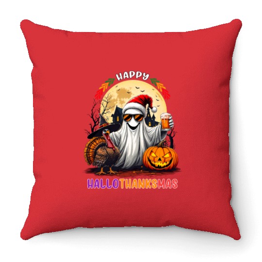 Happy Hallothanksmas Halloween Thanksgiving Xmas Throw Pillows