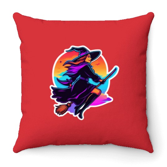 Enchanted Witch on a Broom Halloween Throw Pillows