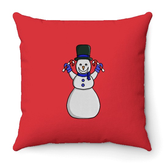 Festive Snowman with Candy Cane and Gloves Throw Pillows
