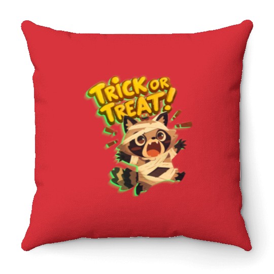 Cute raccoon in mummy costume with Trick or Treat Throw Pillows