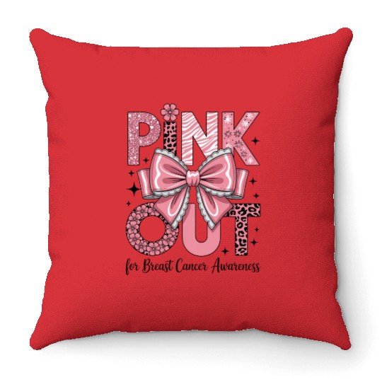 Pink Out Breast Cancer Awareness Coquette Bow  Throw Pillows