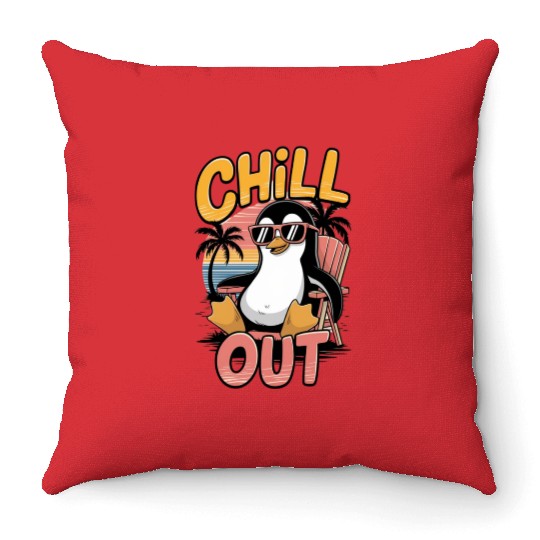 Chill Out Penguin Summer Vibes Throw Pillows