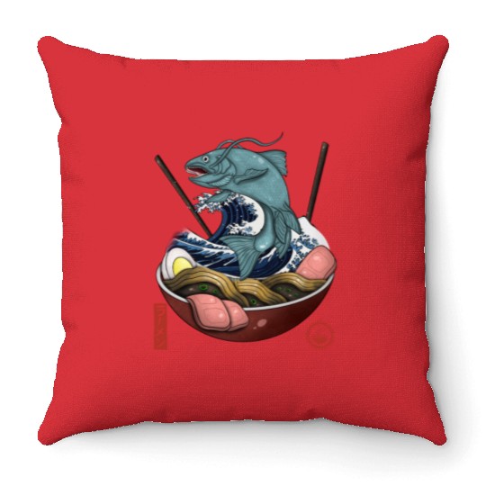 Mythic Samurai Ramen Fish Japanese Art Throw Pillows