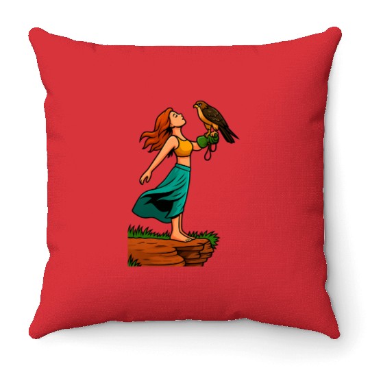 Woman with Hawk on Arm in Nature Scene Throw Pillows