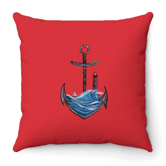 Nautical Anchor with Lighthouse Ocean Seascape Throw Pillows