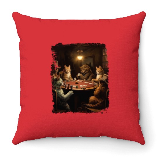 Pop Art Gambling Cat Playing Poker Cards Throw Pillows
