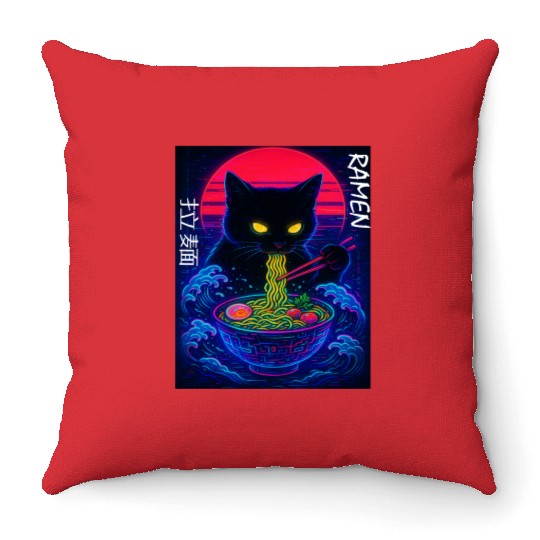 Neon Black Cat Ramen Art Throw Pillows