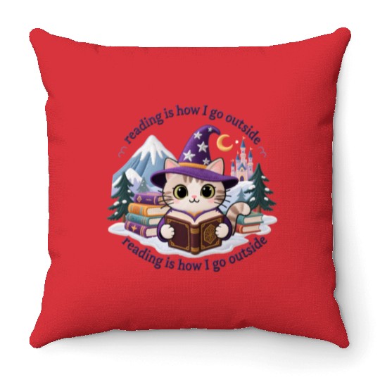 Whimsical Cat Wizard Reading Magic Book Throw Pillows