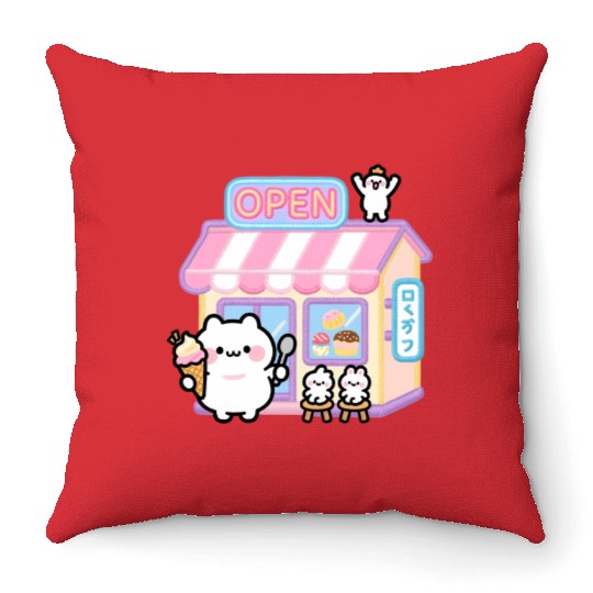 Kawaii Cat Ice Cream Shop Illustration Throw Pillows