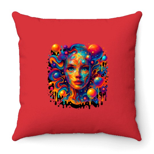 Vivid Psychedelic Woman Portrait Throw Pillows