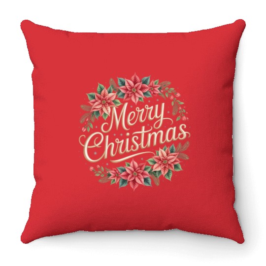 Elegant Poinsettia Wreath Merry Christmas Script Throw Pillows