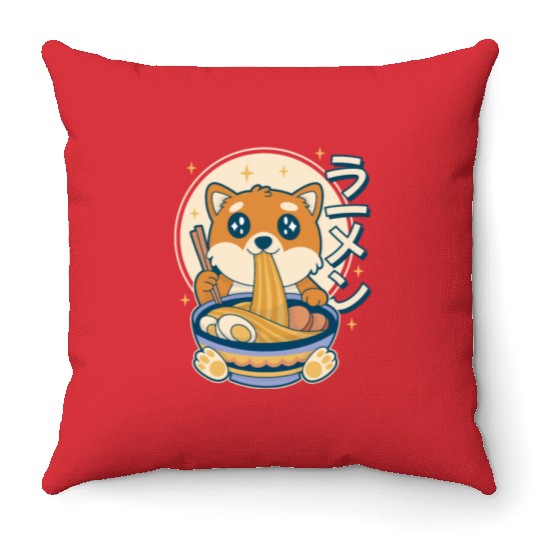 Cute Shiba Inu Eating Ramen Bowl  Throw Pillows