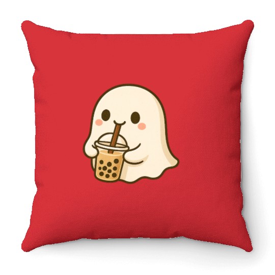 Cute Ghost with Bubble Tea Design Throw Pillows