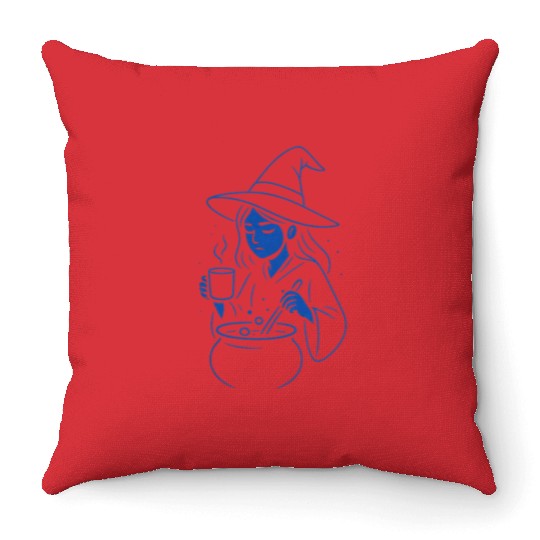 Whimsical Witch Cooking Illustration Throw Pillows