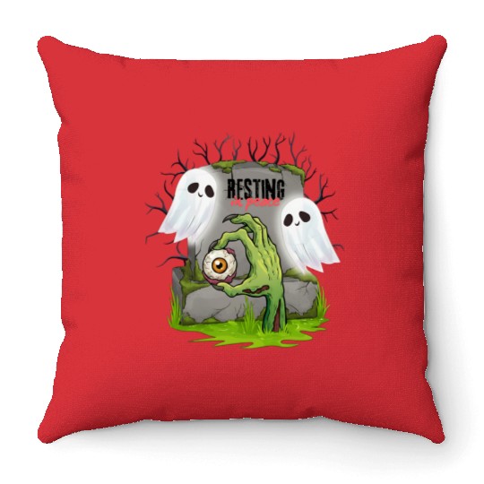 Spooky Graveyard with Ghosts and Eye Throw Pillows