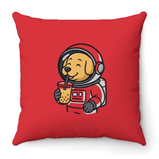 Cute Dog Astronaut Drinking Bubble Tea Throw Pillows
