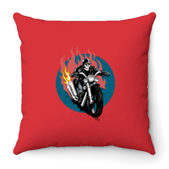 Skull Rider on Flaming Motorcycle Throw Pillows