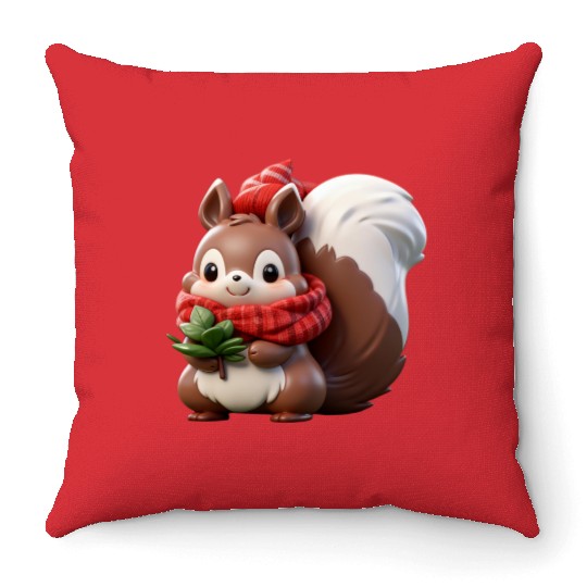 Festive Squirrel with Plaid Hat and Scarf Throw Pillows