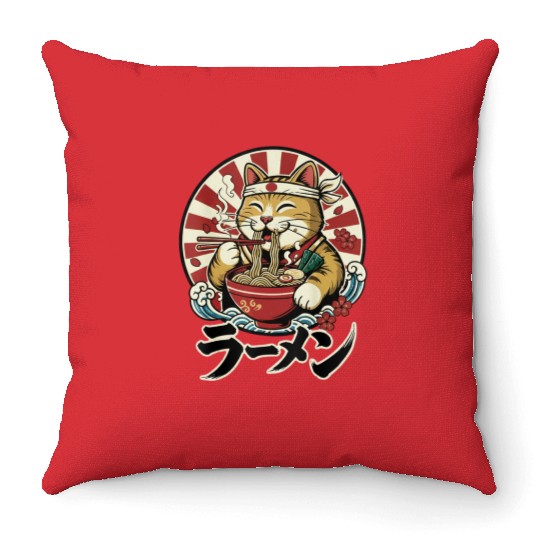 Victory Cat Ramen Illustration Throw Pillows