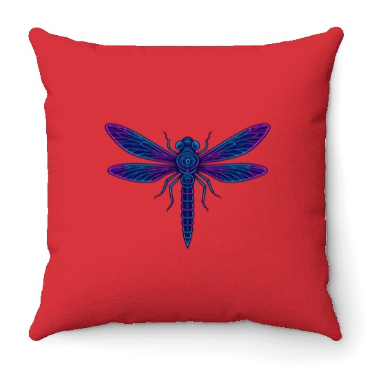 Neon Mythical Dragonfly Illustration Throw Pillows