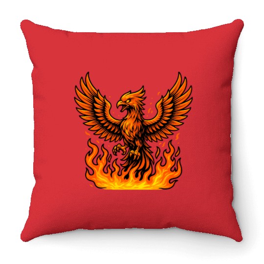 Fiery Phoenix Rising Illustration Throw Pillows