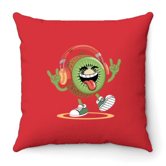 Playful Kiwi Cartoon with Headphones Throw Pillows