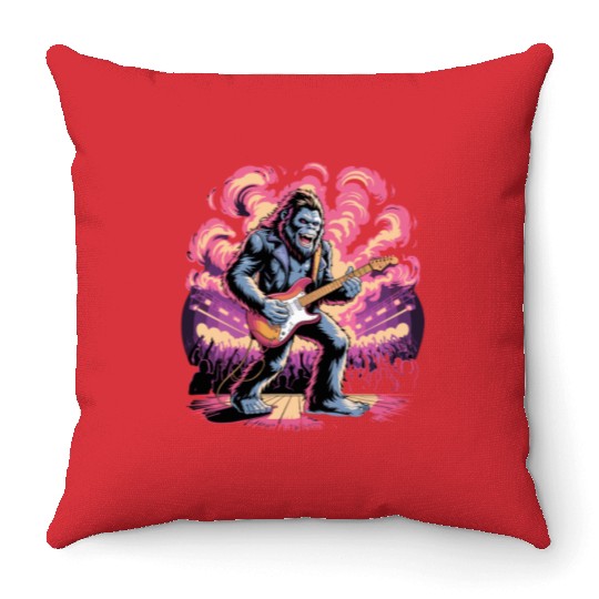 Rocking Sasquatch Guitar Legend at Concert Stage Throw Pillows