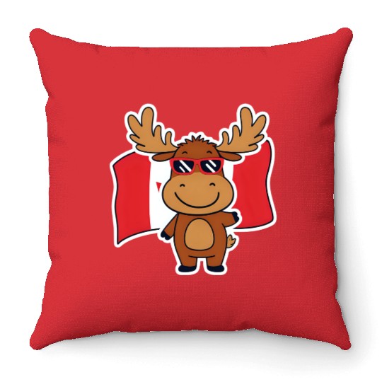 Playful Moose with Canadian Flag Throw Pillows