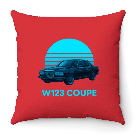 Black W123 Coupe – Neon Retro 80s Style Automotive Throw Pillows