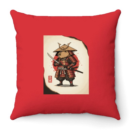 Anthropomorphic Warrior Hamster in Samurai Armor Throw Pillows
