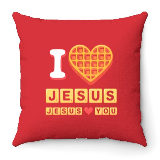 I Love Jesus Christian Breakfast Waffle Heart Throw Pillows