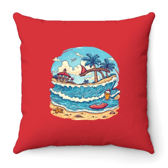 Tropical Island Wave Scene Throw Pillows