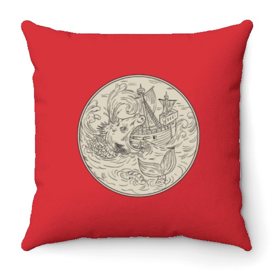 Ancient Sea Monster Attacking Sailing Ship Circle Throw Pillows