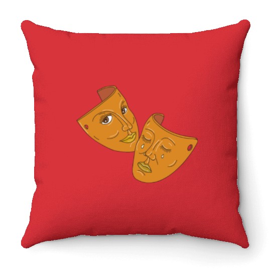 Theater Mask Comedy and Tragedy Mono Line Throw Pillows