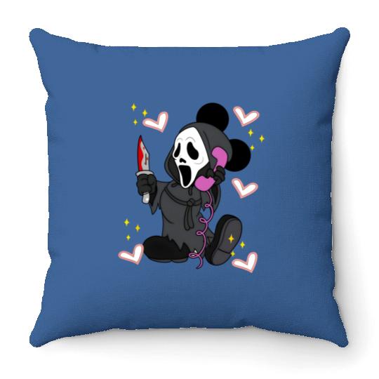 Disney Mickey Scream No You Hang Up Throw Pillows, Mickey Ghost Scream Ghostface Phone Call Throw Pillows