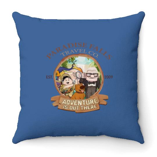 Disney Up Paradise Falls Est 2009 Travel Co. Throw Pillows, Adventure is out there Disney Up Throw Pillows