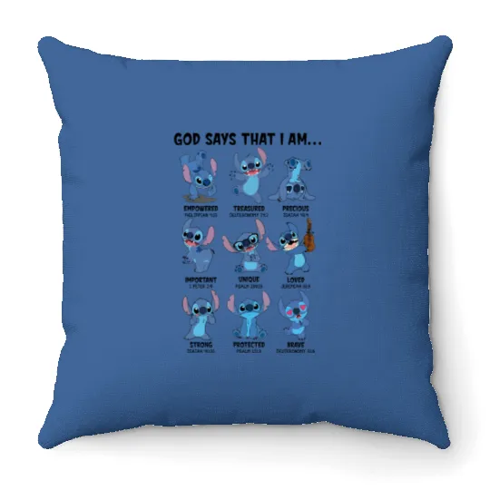 Disney Stitch God Says That I Am  Throw Pillows, Stitch Family Trip Throw Pillows