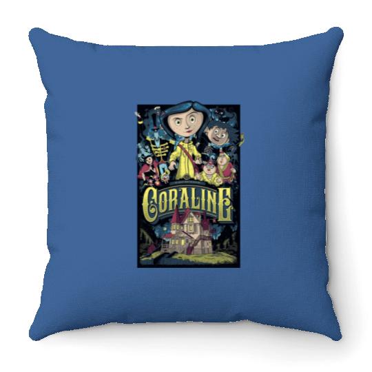 Coraline Throw Pillows, Coraline Doll Throw Pillows, Vintage Disney Halloween Party Throw Pillows