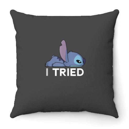 Disney Lilo Stitch Lazy Chibi Stitch I Tried Bold Logo Throw Pillows