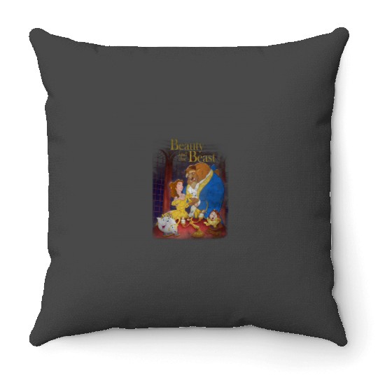 Disneyss Beauty And The Beast Distressed Vintage Group Shot Throw Pillows