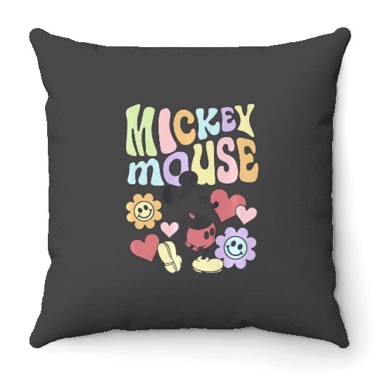 Disney Mickey And Friends Groovy 70s Retro Floral Text Icon Premium Throw Pillows