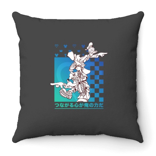Disney Kingdom Hearts Sora Donald Goofy Kanji Checkerboard Pullover Throw Pillows