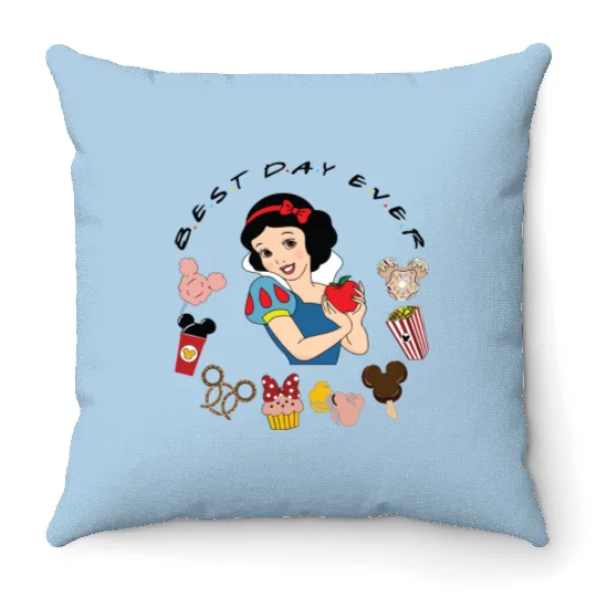 Disney Snow White Throw Pillows, Snow White Disney Snacks Throw Pillows, Disney Best Day Ever Snow White Throw Pillows