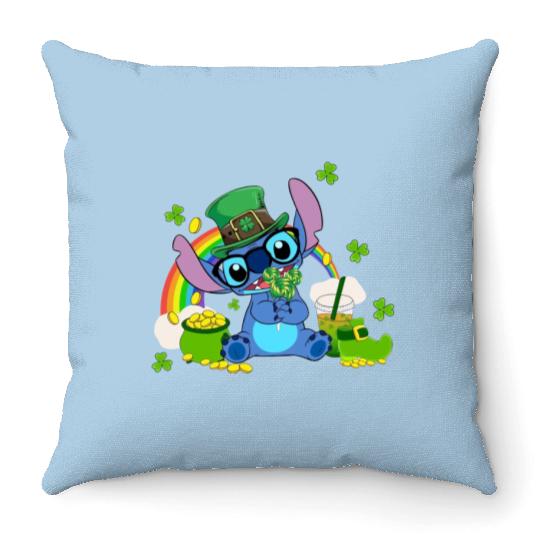 Disney Stitch Snacks And Drink On St. Patrick's Day Throw Pillows