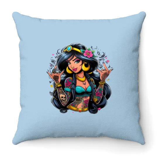 Jasmine Throw Pillows, Disney Princess, Disney Throw Pillows, Rock Punk Tattoo, Disney Princess Tattoo Throw Pillows