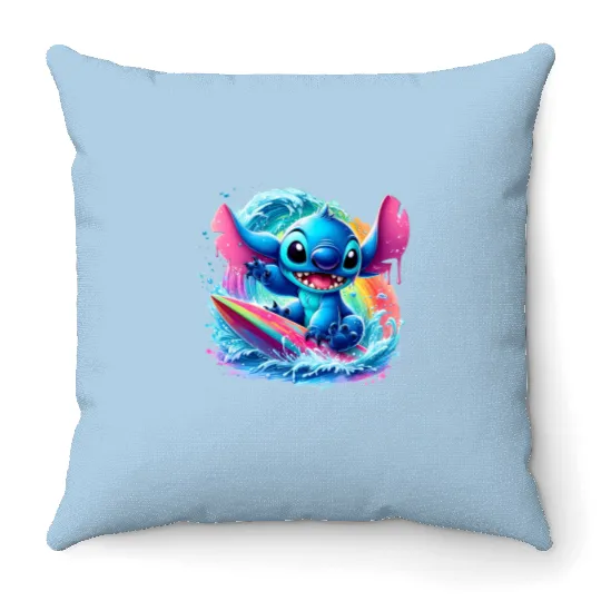 Surfing Stitch Throw Pillows , Lilo and Stitch, Stitch Throw Pillows, Colorful Disney Throw Pillows