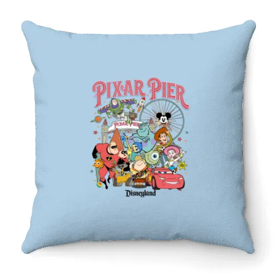 Vintage Pixar Pier Disneyland Throw Pillows, Disneyland Pixar Fest 2024 Throw Pillows, Meet me at Pixar Pier Disney Pixar Characters