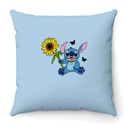 Stitch Sunflower Throw Pillows, Disney Stitch , Floral Throw Pillows,  Butterfly Throw Pillows,  Disney Gift Throw Pillows